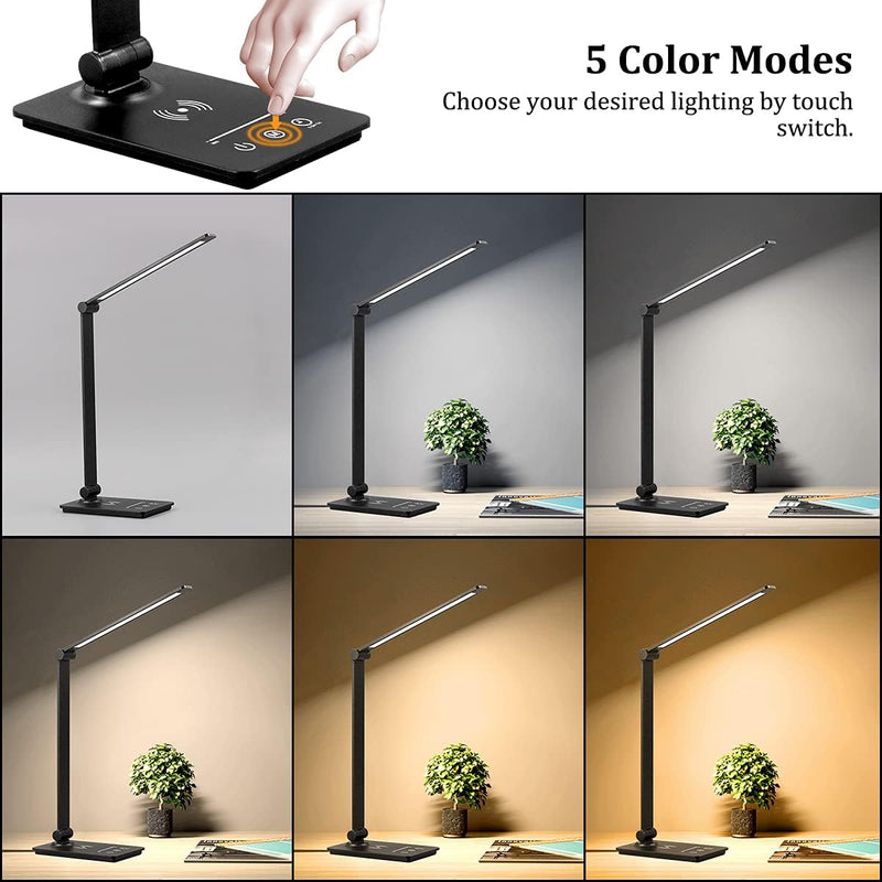 Load image into Gallery viewer, LED Desk Lamp with Wireless Charger, Desk Lamp for college dorm room with 5 Color Modes &amp; Fully Dimming Function, Eye Caring Table Lamps for Study, Office Lamp with Adjustable Arm, Auto Timer 30/60min
