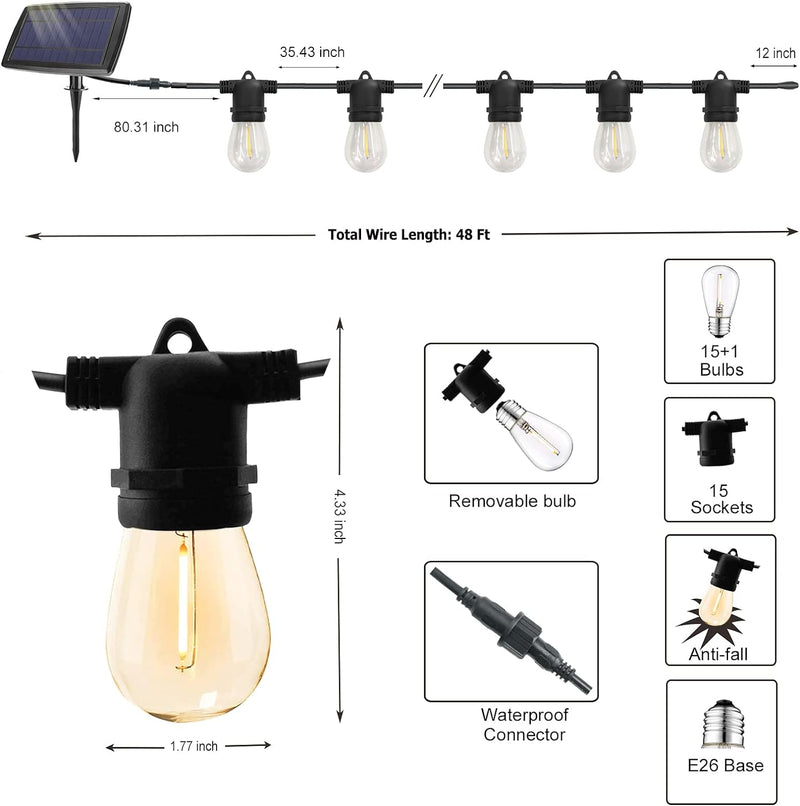 Load image into Gallery viewer, Solar String Lights Outdoor 48Ft LED String Lights with 16 Shatterproof Bulbs, USB Rechargeable Patio Lights with 4 Lighting Modes,Heavy Duty Waterproof Solar Powered String Lights
