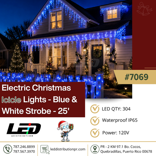 ELECTRIC 304 LED BLUE + WHITE STROBE Xmax Icicle Light 25' FT #7069