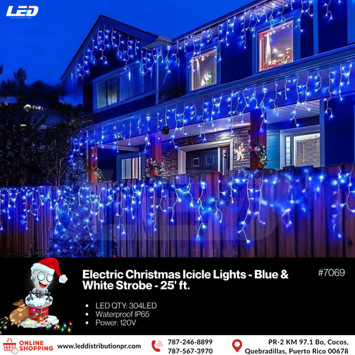 ELECTRIC 304 LED BLUE + WHITE STROBE Xmax Icicle Light 25' FT #7069