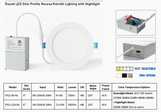 4-inch 5CCT LED Recessed Lights With Night light, 2700K/3000K/3500K/4000K/5000K Dimmable Nominal IC with Junction Box, 9W 12watt