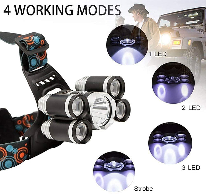 Load image into Gallery viewer, Headlamp LED Light, USB, Lighter And 120v Rechargeable Waterproof 12000 Lumen Ultra Bright 5 LED 4 Modes #6970
