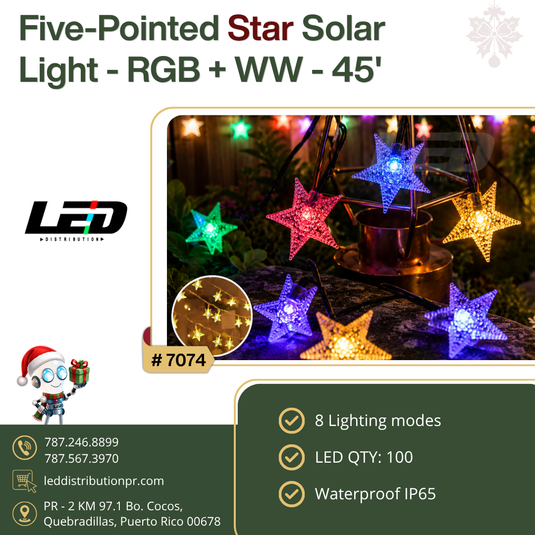 LED Solar Five-pointed Star Light String 100LED RGB(MULTI-COLOR)+WARM WHITE 45' ft