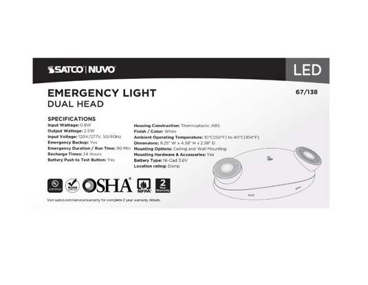 Emergency Light, 90min Ni-Cad backup, 120/277V, Dual Head, Universal Mounting