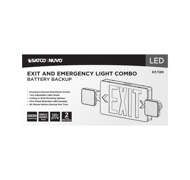 Load image into Gallery viewer, Combination Green Exit Sign/Emergency Light, 90 min Ni-Cad backup, 120/277V, Dual Head, Single/Dual Face, Universal Mounting
