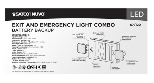Combination Green Exit Sign/Emergency Light, 90 min Ni-Cad backup, 120/277V, Dual Head, Single/Dual Face, Universal Mounting