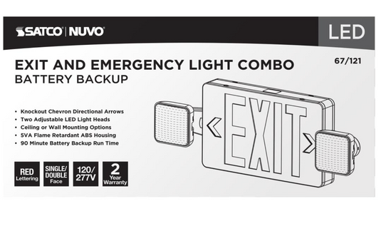 Combinatin Red Exit Sign/Emergency Light, 90 min Ni-Cad backup, 120/277V, Dual Head, Single/Dual Face, Universal Mounting