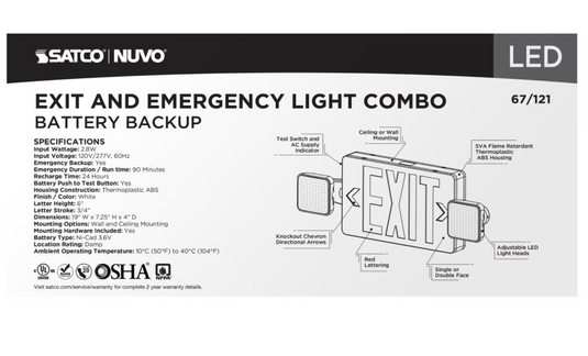 Combinatin Red Exit Sign/Emergency Light, 90 min Ni-Cad backup, 120/277V, Dual Head, Single/Dual Face, Universal Mounting