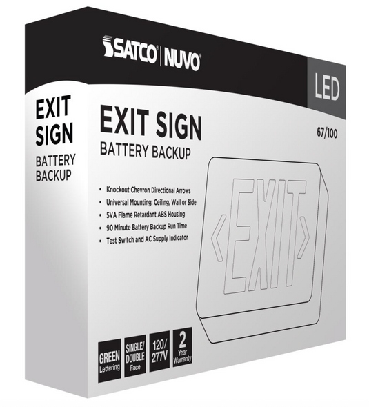 Green LED Exit Sign, 90 min Ni-Cad backup, 120/277V, Single/Dual Face, Universal Mounting