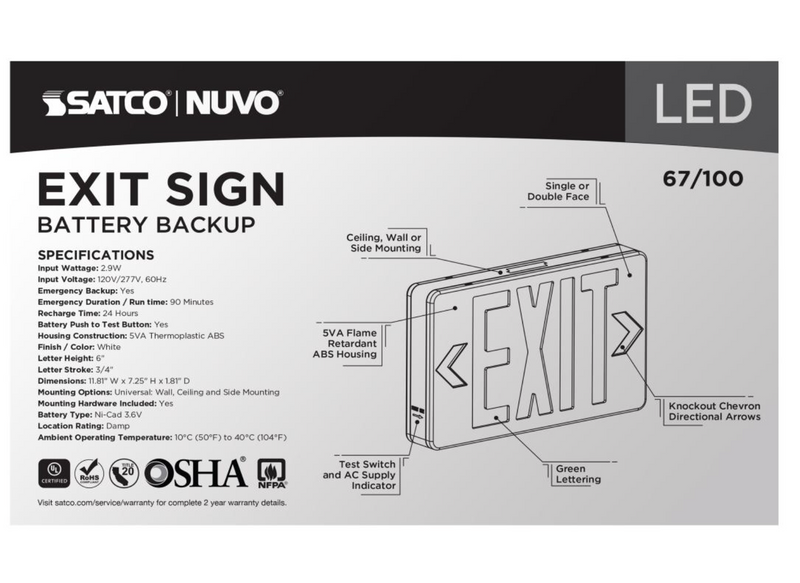 Load image into Gallery viewer, Green LED Exit Sign, 90 min Ni-Cad backup, 120/277V, Single/Dual Face, Universal Mounting
