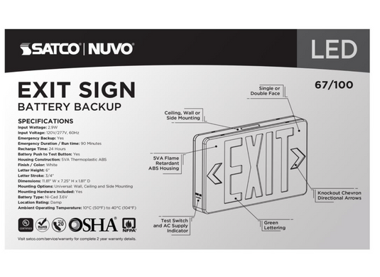 Green LED Exit Sign, 90 min Ni-Cad backup, 120/277V, Single/Dual Face, Universal Mounting