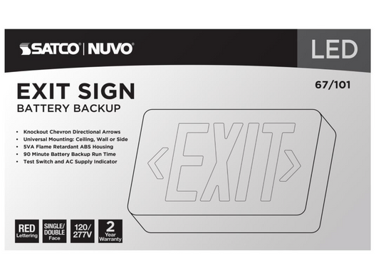Red LED Exit Sign, 90 min Ni-Cad backup, 120/277V, Single/Dual Face, Universal Mounting