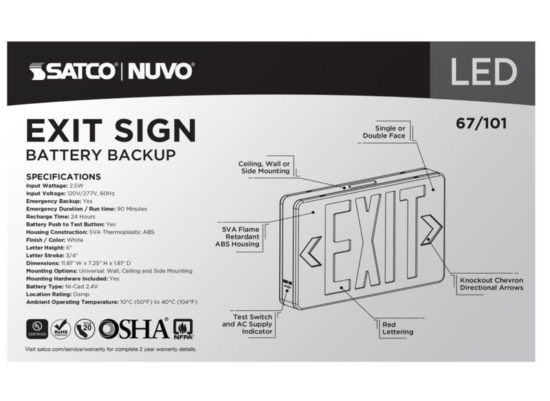 Load image into Gallery viewer, Red LED Exit Sign, 90 min Ni-Cad backup, 120/277V, Single/Dual Face, Universal Mounting
