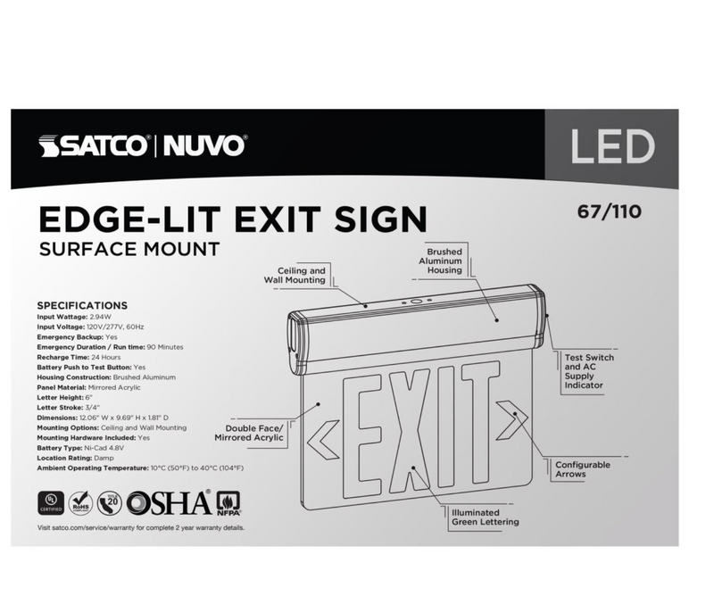 Load image into Gallery viewer, Green (Mirror) Edge Lit LED Exit Sign, 90min Ni-Cad backup, 120/277V, Dual Face, Top/Back/End Mount
