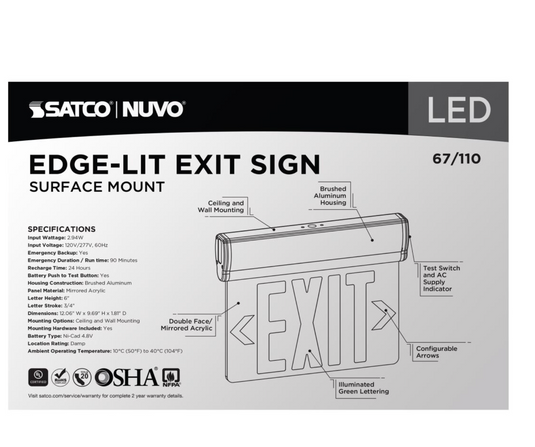 Green (Mirror) Edge Lit LED Exit Sign, 90min Ni-Cad backup, 120/277V, Dual Face, Top/Back/End Mount