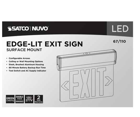 Green (Mirror) Edge Lit LED Exit Sign, 90min Ni-Cad backup, 120/277V, Dual Face, Top/Back/End Mount
