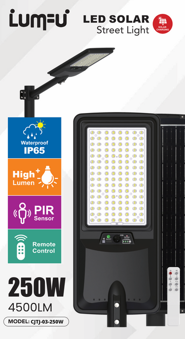 LED Solar Street Light, PIR Sensor, 250W, 4500LM #CJTJ-03-250W