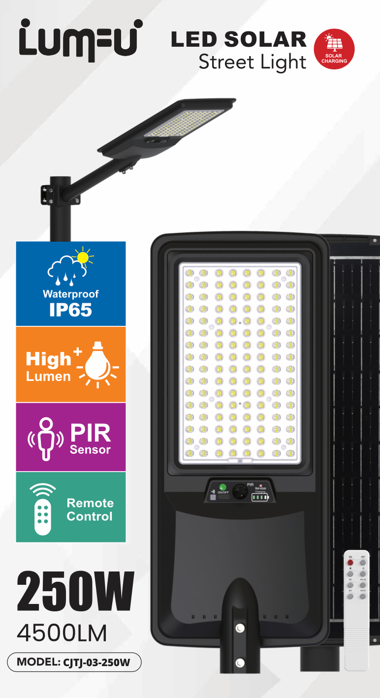 Load image into Gallery viewer, LED Solar Street Light, PIR Sensor, 250W, 4500LM #CJTJ-03-250W
