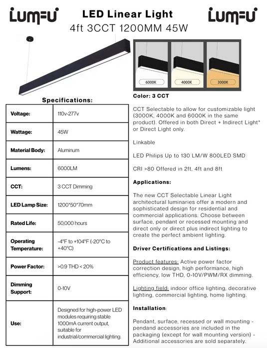 Led Linear Light, 4 ft., 3 CCT Selectable, 45W
