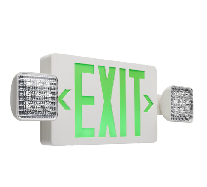 Combination Green Exit Sign/Emergency Light, 90 min Ni-Cad backup, 120/277V, Dual Head, Single/Dual Face, Universal Mounting