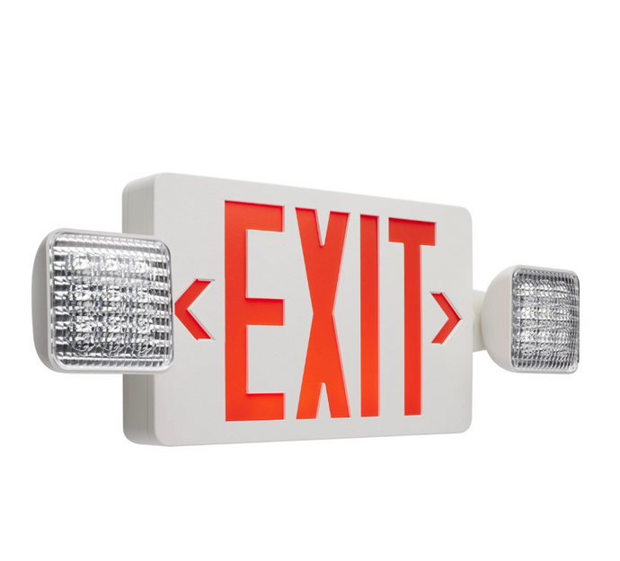 Combinatin Red Exit Sign/Emergency Light, 90 min Ni-Cad backup, 120/277V, Dual Head, Single/Dual Face, Universal Mounting