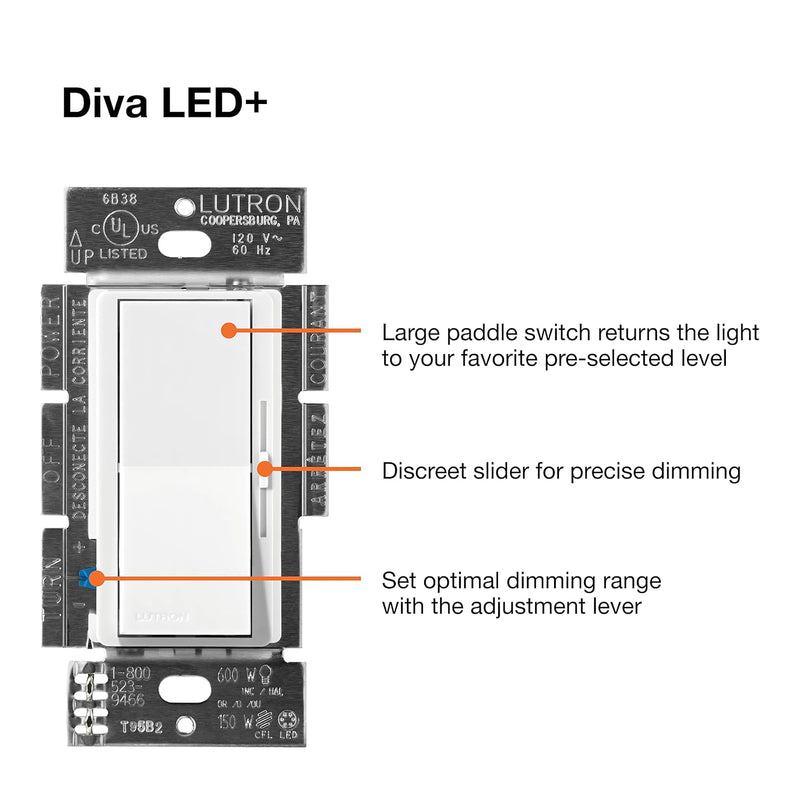 Load image into Gallery viewer, Lutron Diva LED+ Dimmer Switch for Dimmable LED, Halogen and Incandescent Bulbs, 150W/Single-Pole or 3-Way, DVCL-153P-WH, White
