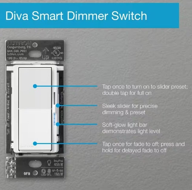 Load image into Gallery viewer, Diva Lutron Smart Dimmer Switch for Caseta Smart Lighting, 150-Watt LED, White (DVRF-6L-WH)
