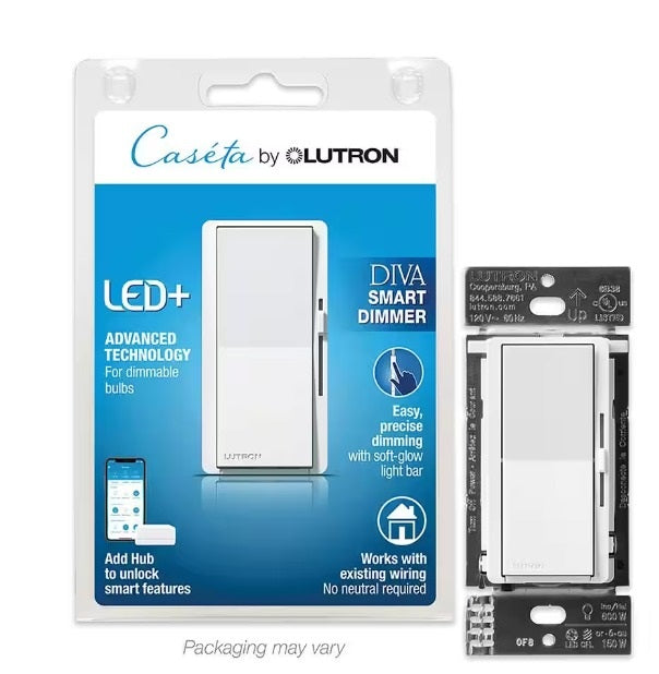Diva Lutron Smart Dimmer Switch for Caseta Smart Lighting, 150-Watt LED, White (DVRF-6L-WH)