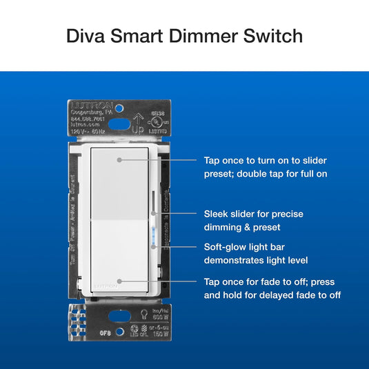 Lutron Diva Smart Dimmer Switch 3-Way Kit with Pico Paddle Remote and Wire Label Stickers | Compatible with Alexa, Apple Home, and The Google Assistant (Hub Required) | DVRF-PKG1D-WH | White