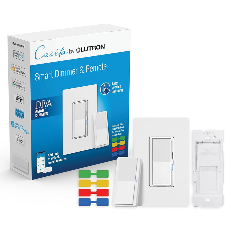 Load image into Gallery viewer, Lutron Diva Smart Dimmer Switch 3-Way Kit with Pico Paddle Remote and Wire Label Stickers | Compatible with Alexa, Apple Home, and The Google Assistant (Hub Required) | DVRF-PKG1D-WH | White
