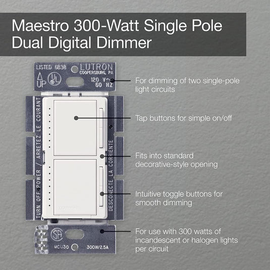 Lutron Maestro Dual Digital Dimmer Switch Only for Incandescent Bulbs, 300-Watt/Single-Pole, MA-L3L3-WH, White