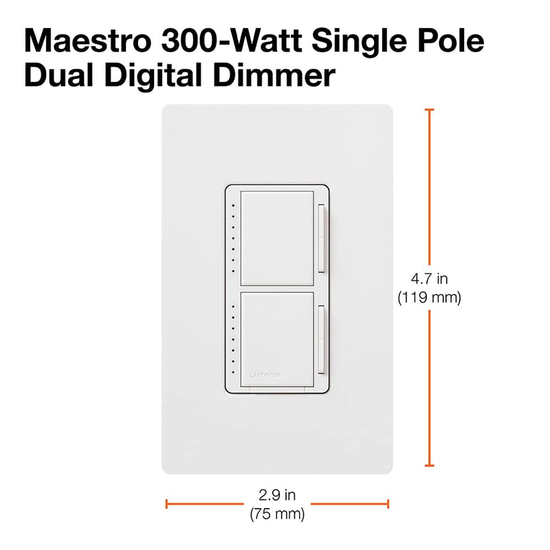 Load image into Gallery viewer, Lutron Maestro Dual Digital Dimmer Switch Only for Incandescent Bulbs, 300-Watt/Single-Pole, MA-L3L3-WH, White
