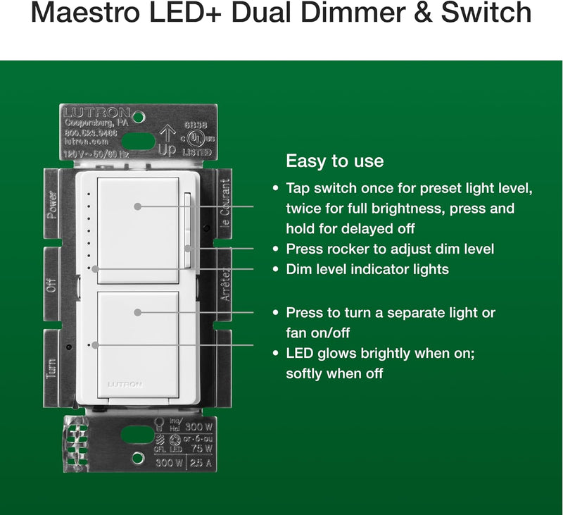 Load image into Gallery viewer, Lutron Maestro LED+ Dual Dimmer and Switch | 75-Watt LED Bulbs/2.5A Fans, Single-Pole | MACL-L3S25-WH | White
