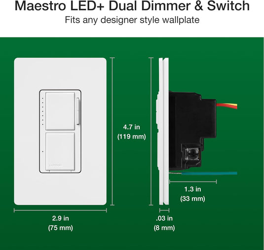 Lutron Maestro LED+ Dual Dimmer and Switch | 75-Watt LED Bulbs/2.5A Fans, Single-Pole | MACL-L3S25-WH | White