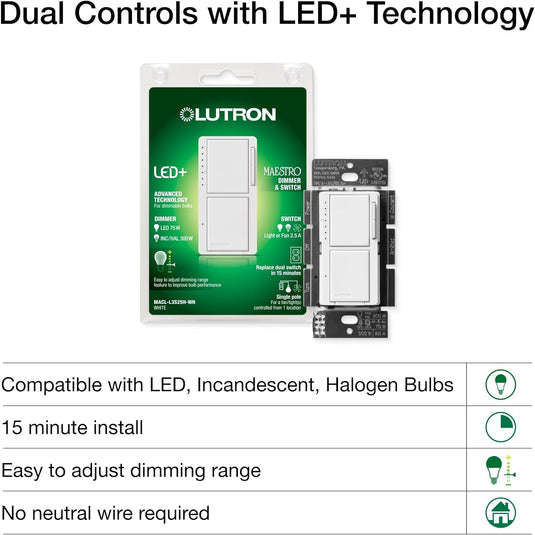 Lutron Maestro LED+ Dual Dimmer and Switch | 75-Watt LED Bulbs/2.5A Fans, Single-Pole | MACL-L3S25-WH | White