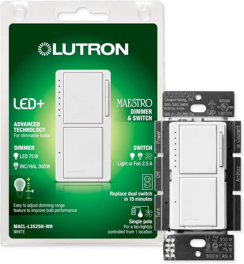 Load image into Gallery viewer, Lutron Maestro LED+ Dual Dimmer and Switch | 75-Watt LED Bulbs/2.5A Fans, Single-Pole | MACL-L3S25-WH | White
