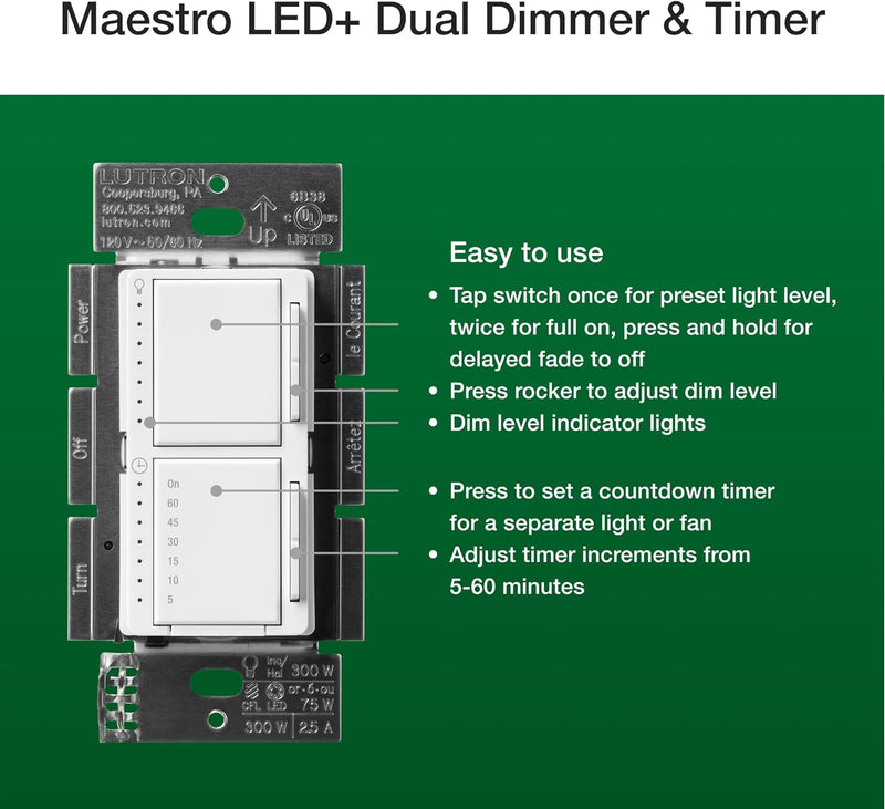 Load image into Gallery viewer, Maestro LED+ Dual Dimmer and Timer Switch, 75-Watt LED Bulbs/2.5 Amp Fans, Single-Pole, White (MACL-L3T251-WH)
