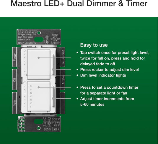 Maestro LED+ Dual Dimmer and Timer Switch, 75-Watt LED Bulbs/2.5 Amp Fans, Single-Pole, White (MACL-L3T251-WH)