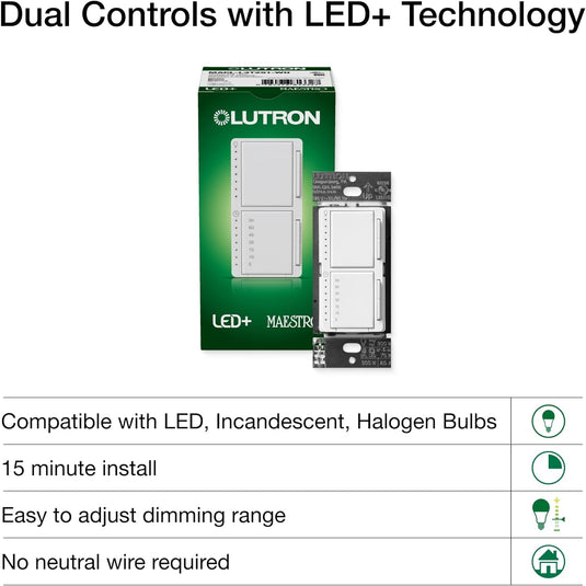 Maestro LED+ Dual Dimmer and Timer Switch, 75-Watt LED Bulbs/2.5 Amp Fans, Single-Pole, White (MACL-L3T251-WH)
