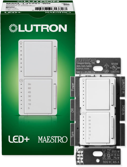 Maestro LED+ Dual Dimmer and Timer Switch, 75-Watt LED Bulbs/2.5 Amp Fans, Single-Pole, White (MACL-L3T251-WH)