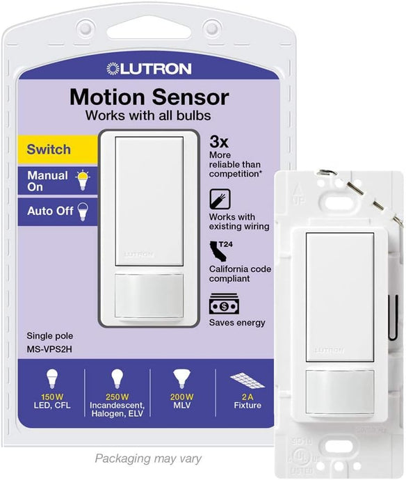 Lutron Maestro Vacancy-Only Sensor Switch | 2 Amp, Single Pole | MS-VPS2H-WH | White