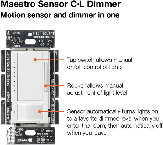 Lutron Maestro LED+ Motion Sensor/Dimmer Switch | 150W LED | Single Pole/Multi-Location | MSCL-OP153M-WH | White (1-Pack)