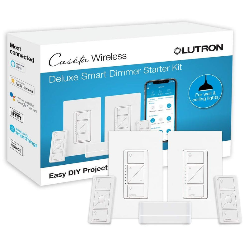 Load image into Gallery viewer, Lutron Caseta Deluxe Smart Dimmer Switch (2 Count) Kit with Caseta Smart Hub | Works with Alexa, Apple Home, Ring, Google Assistant | P-BDG-PKG2W-A | White
