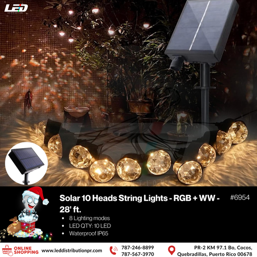 10 Heads Solar LED String IP65 Waterproof RGB + WW 28' ft #6954