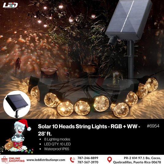 10 Heads Solar LED String IP65 Waterproof RGB + WW 28' ft #6954