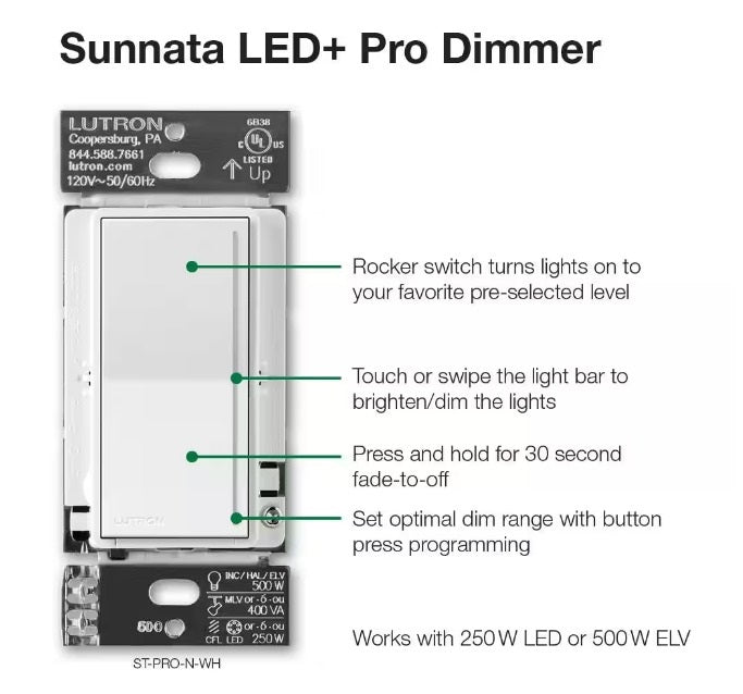 Load image into Gallery viewer, Sunnata Pro LED+ Touch Dimmer Switch, for 500W ELV/MLV, 250W LED, Single Pole/Multi Location, White (ST-PRO-N-WH)
