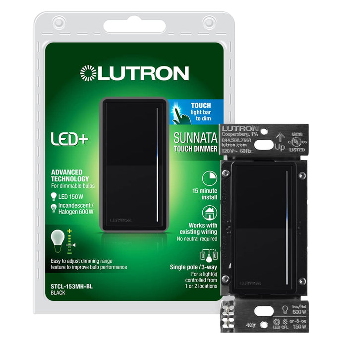 Lutron Sunnata Touch Dimmer Switch with LED+ Advanced Technology, for LED, Incandescent and Halogen, 3 Way/Multi Location, STCL-153M-BL, Black
