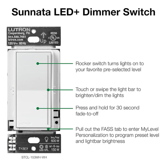 Lutron Sunnata Touch Dimmer Switch with LED+ Advanced Technology, for LED, Incandescent and Halogen, 3 Way/Multi Location, STCL-153M-BL, Black