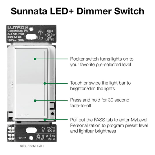 Lutron STCL-153M-WH Sunnata LED+ Dimmer, Single-Pole, 3-Way, Multi-Location Touch, White