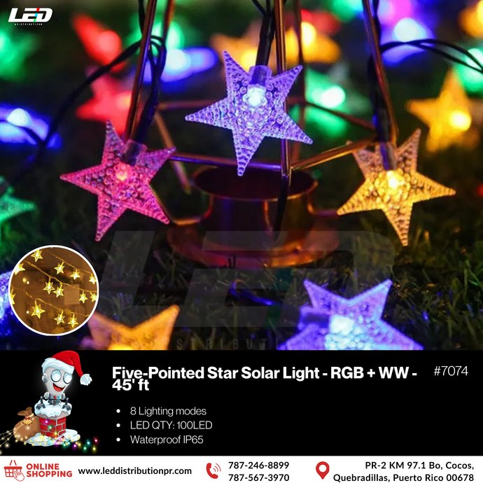 LED Solar Five-pointed Star Light String 100LED RGB(MULTI-COLOR)+WARM WHITE 45' ft #7074